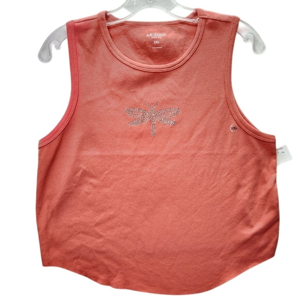 Arizona Jean Co‎ Coral Tank Top Ribbed Dragonfly Rhinestone Retro Y2K Style XXL